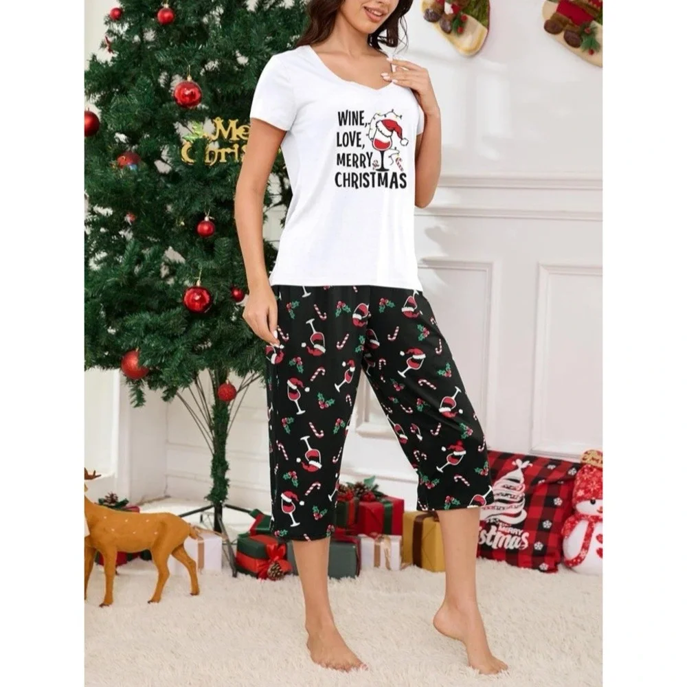 YIJIU S Women Soft Comfy Pajamas Wine Christmas Short Sleeve Capri Pants PJS Set